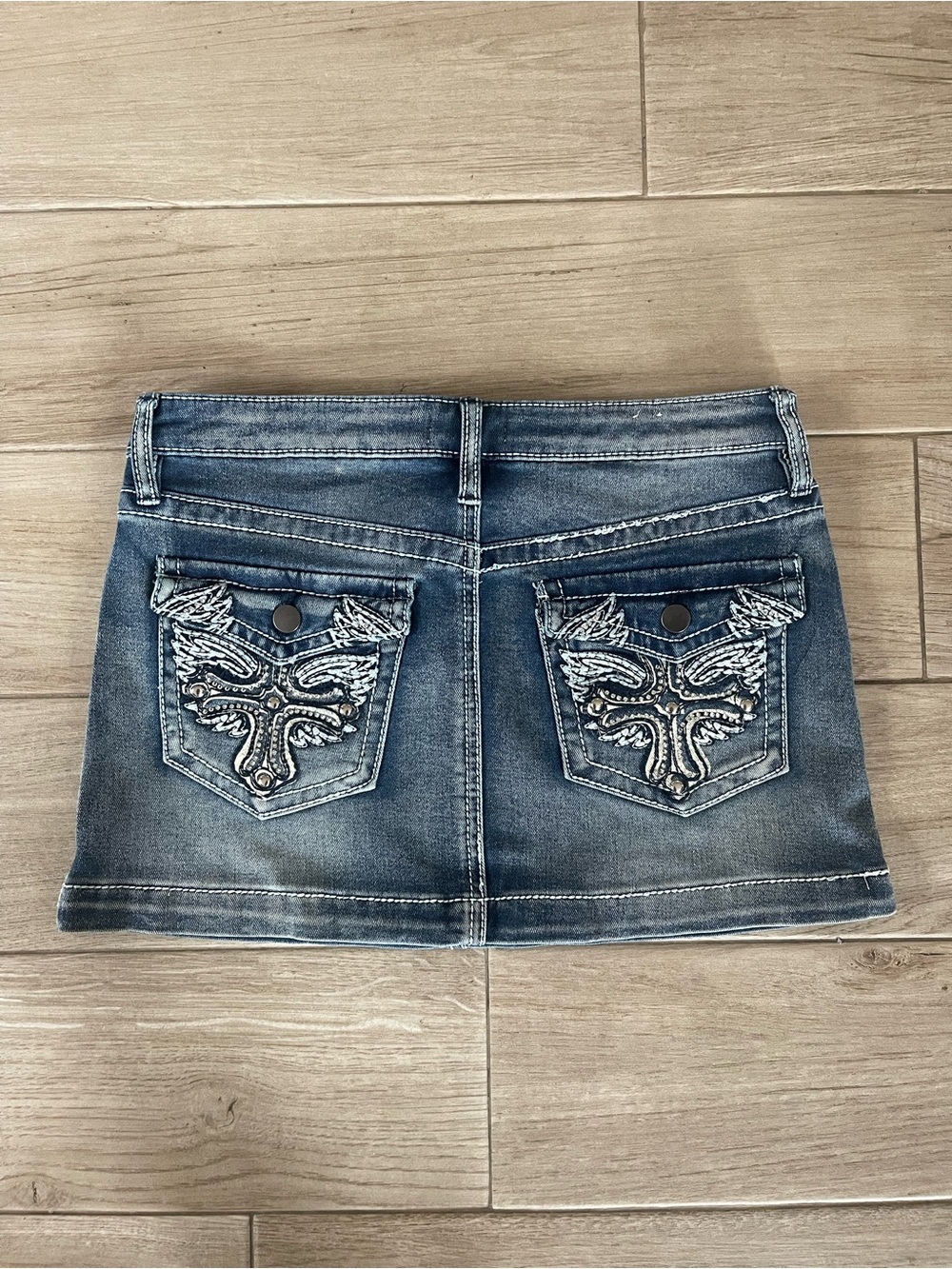 Rue 21 Y2K Bedazzled Flap Pocket Denim Mini Skirt